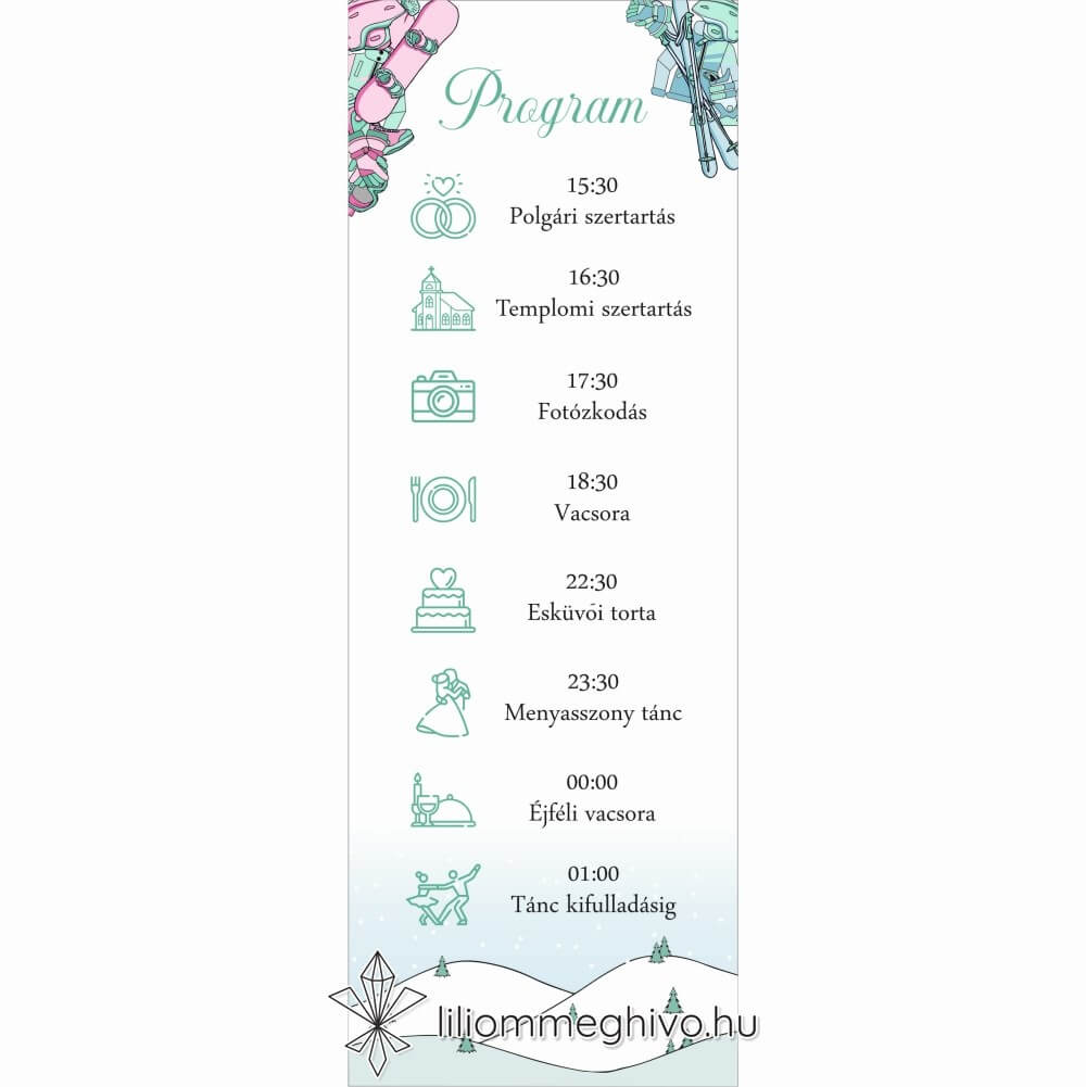 Hütte esküvői programkártya pasztell színek síelős hangulat egyoldalas változat