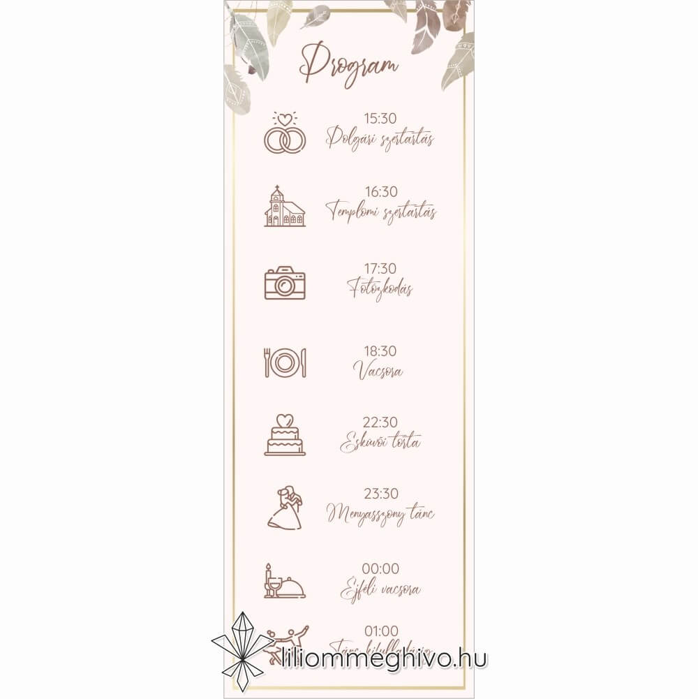 Indián esküvői programkártya pasztell színű tollakkal egyoldalas változat