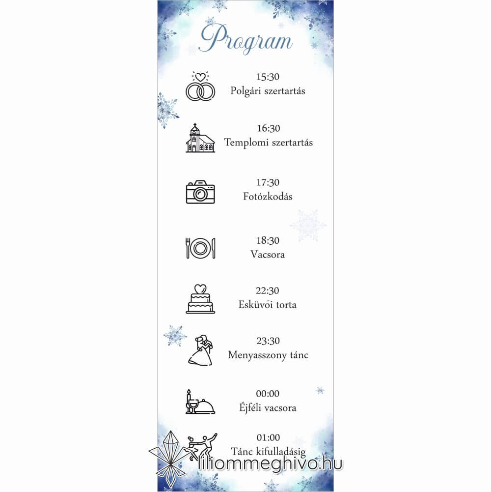 Jégvarázs esküvői programkártya festett kék háttér szikrázó jégkristályok egyoldalas változat