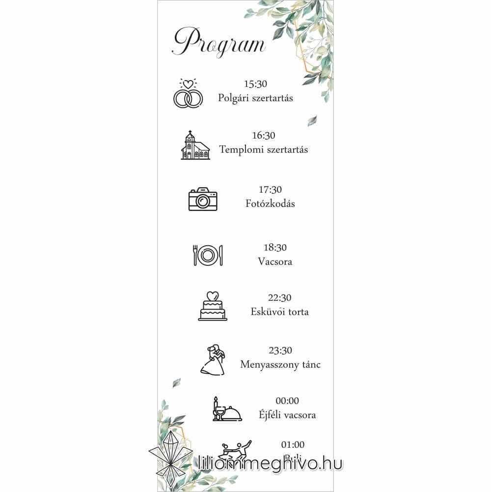 Kőris esküvői programkártya zöld színek greenery hangulat egyoldalas változat