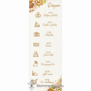 Őszi kavalkád esküvői programkártya pasztell színek levelek