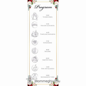 Rózsa esküvői programkártya rózsákkal arany kerettel egyoldalas változat