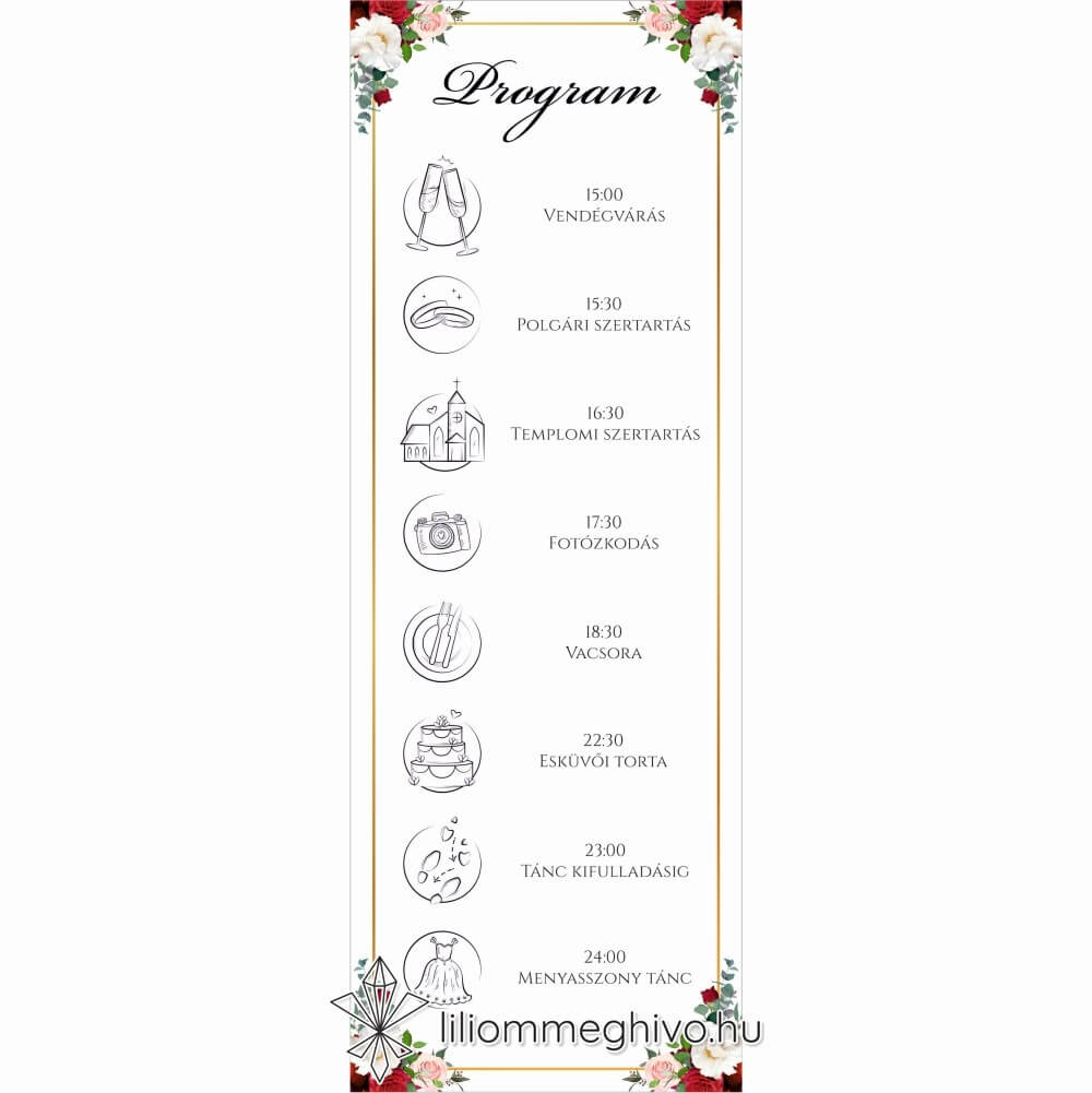 Rózsa esküvői programkártya rózsákkal arany kerettel egyoldalas változat