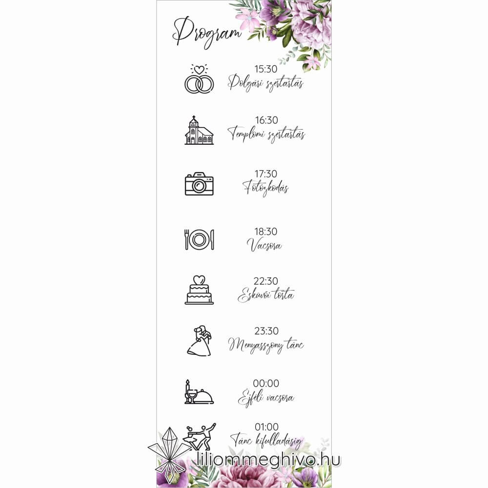 Szellőrózsa esküvői programkártya színes virágkerettel egyoldalas változat