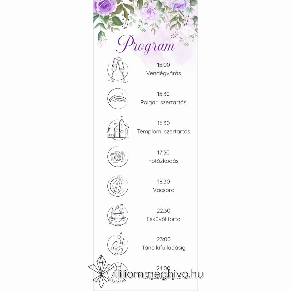 Tavasz esküvői programkártya lila virágokkal egyoldalas változat