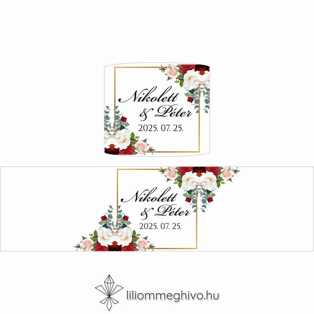 Rózsa esküvői szalvétagyűrű rózsákkal arany kerettel