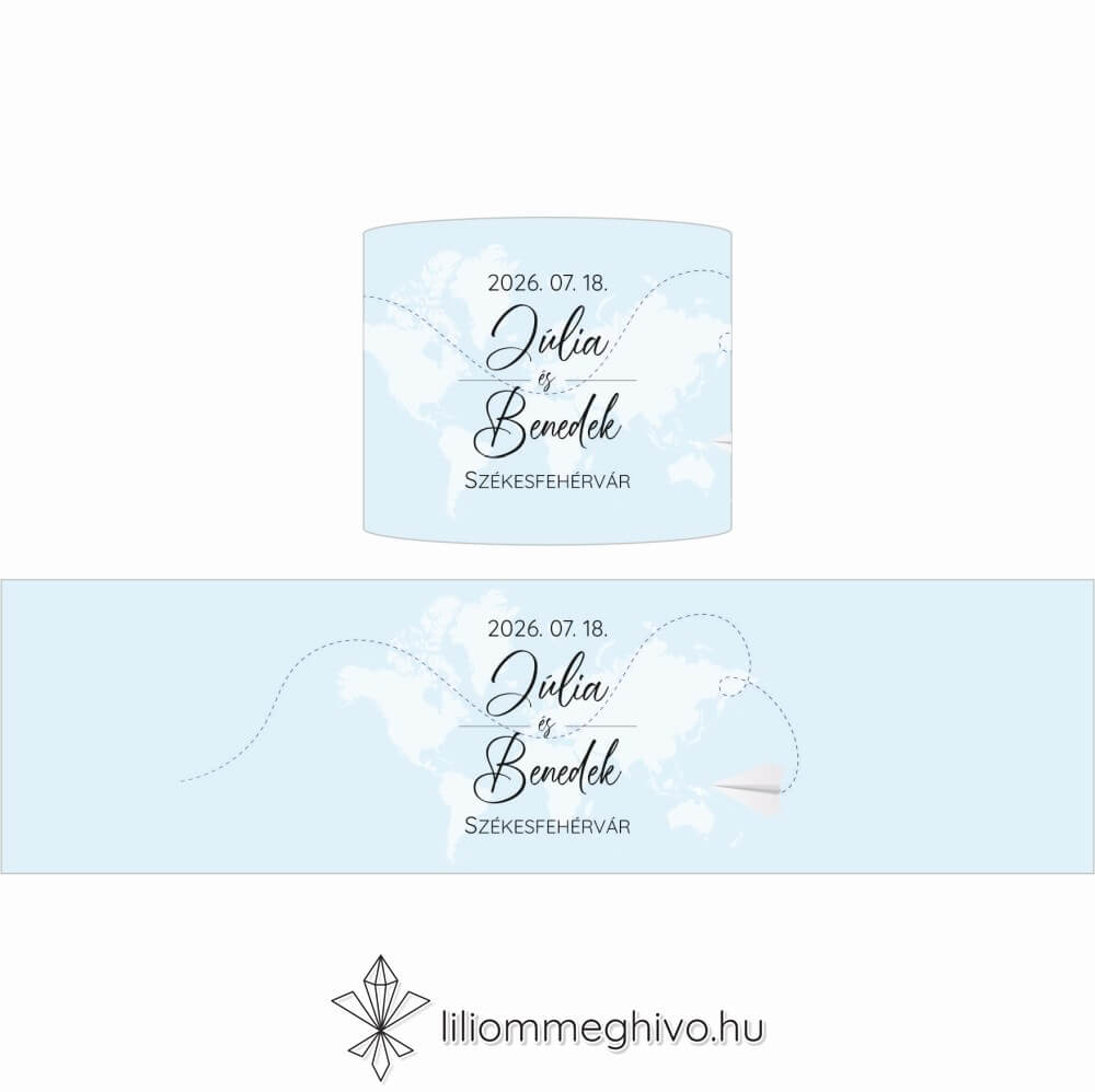 Világjáró esküvői szalvétagyűrű élénk színek utazásos grafikák