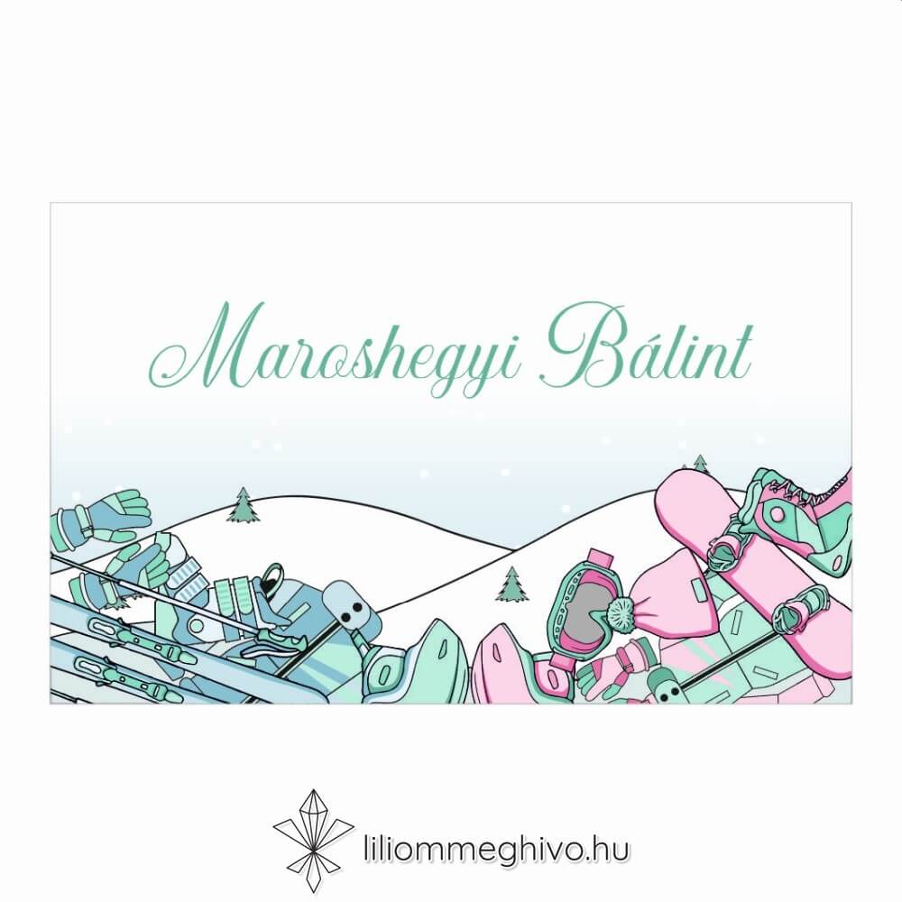 Hütte esküvői ültetőkártya pasztell színek síelős hangulat egyoldalas változat