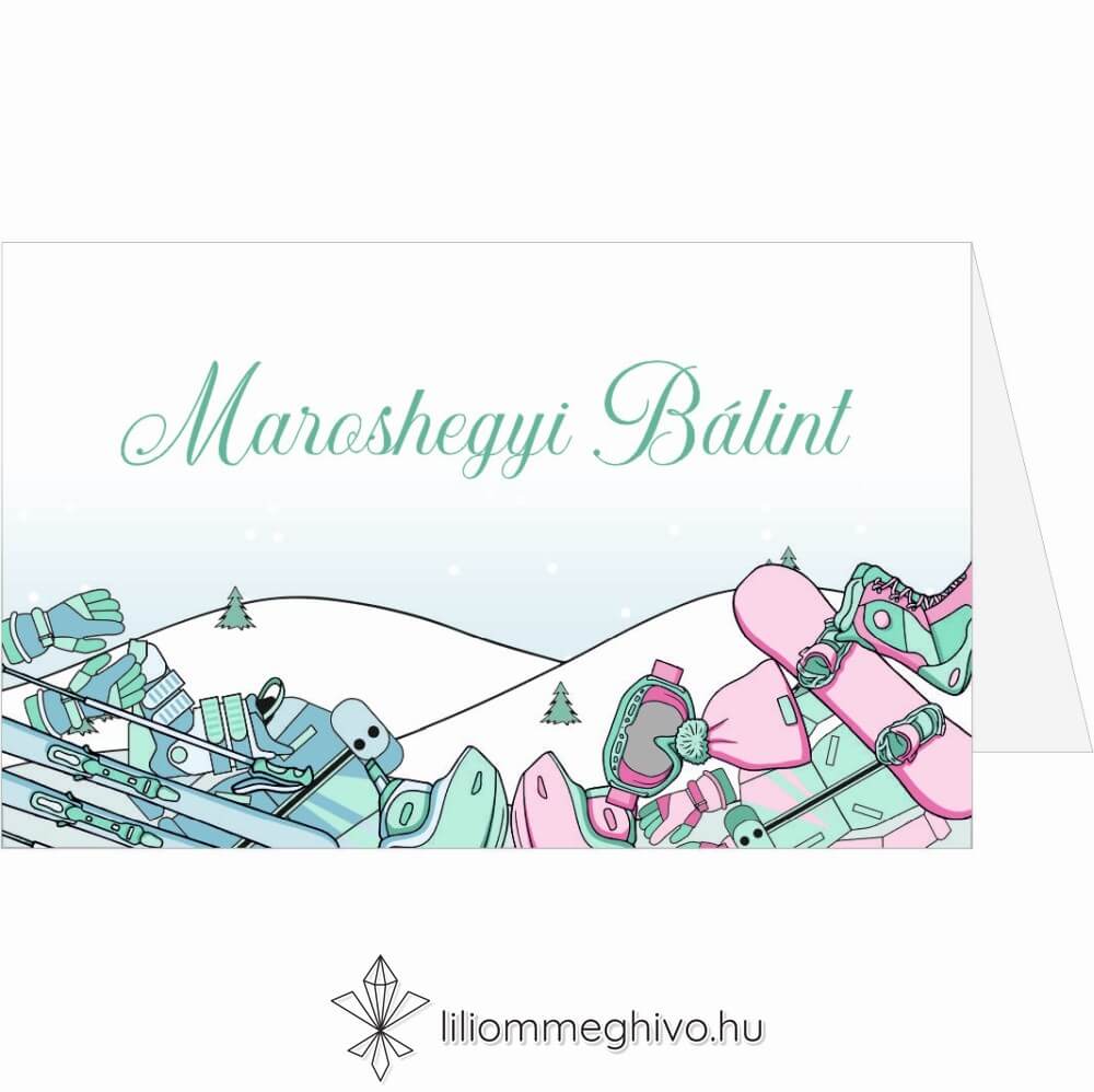 Hütte esküvői ültetőkártya pasztell színek síelős hangulat sátor változat