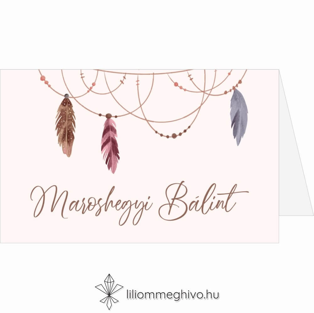 Indián esküvői ültetőkártya pasztell színű tollakkal sátor alak