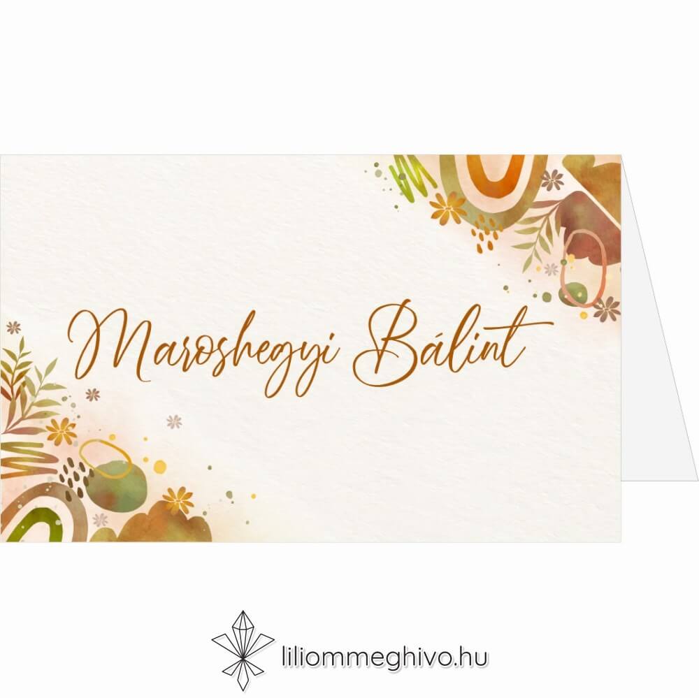 Őszi kavalkád esküvői ültetőkártya pasztell színek levelek sátor alak