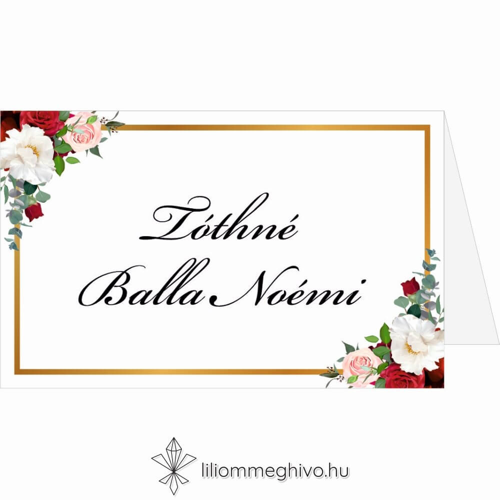 Rózsa esküvői ültetőkártya rózsákkal arany kerettel sátor alak