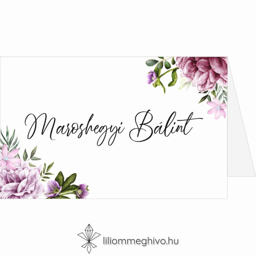 Szellőrózsa esküvői ültetőkártya színes virágkerettel sátor alak