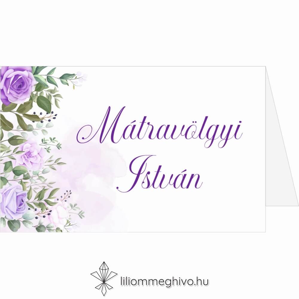 Tavasz esküvői ültetőkártya lila virágokkal sátor alak