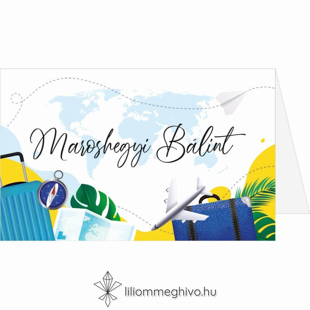 Világjáró esküvői ültetőkártya élénk színek utazásos grafikák sátor változat