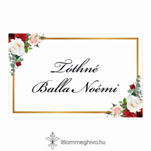 Rózsa esküvői ültetőkártya rózsákkal arany kerettel egyoldalas változat