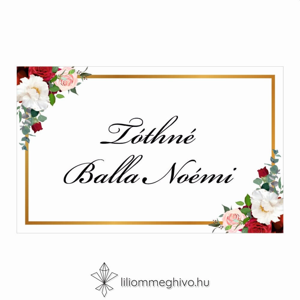 Rózsa esküvői ültetőkártya rózsákkal arany kerettel egyoldalas változat