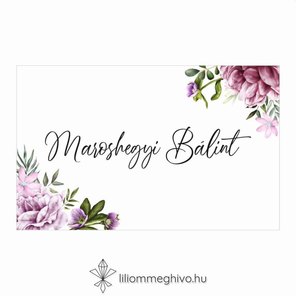 Szellőrózsa esküvői ültetőkártya színes virágkerettel egyoldalas változat