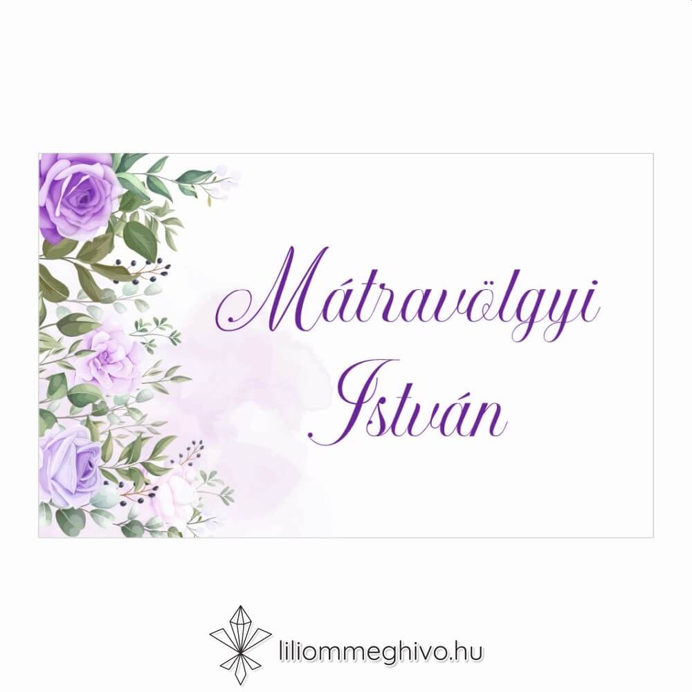 Tavasz esküvői ültetőkártya lila virágokkal egyoldalas