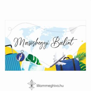 Világjáró esküvői ültetőkártya élénk színek utazásos grafikák egylapos változat