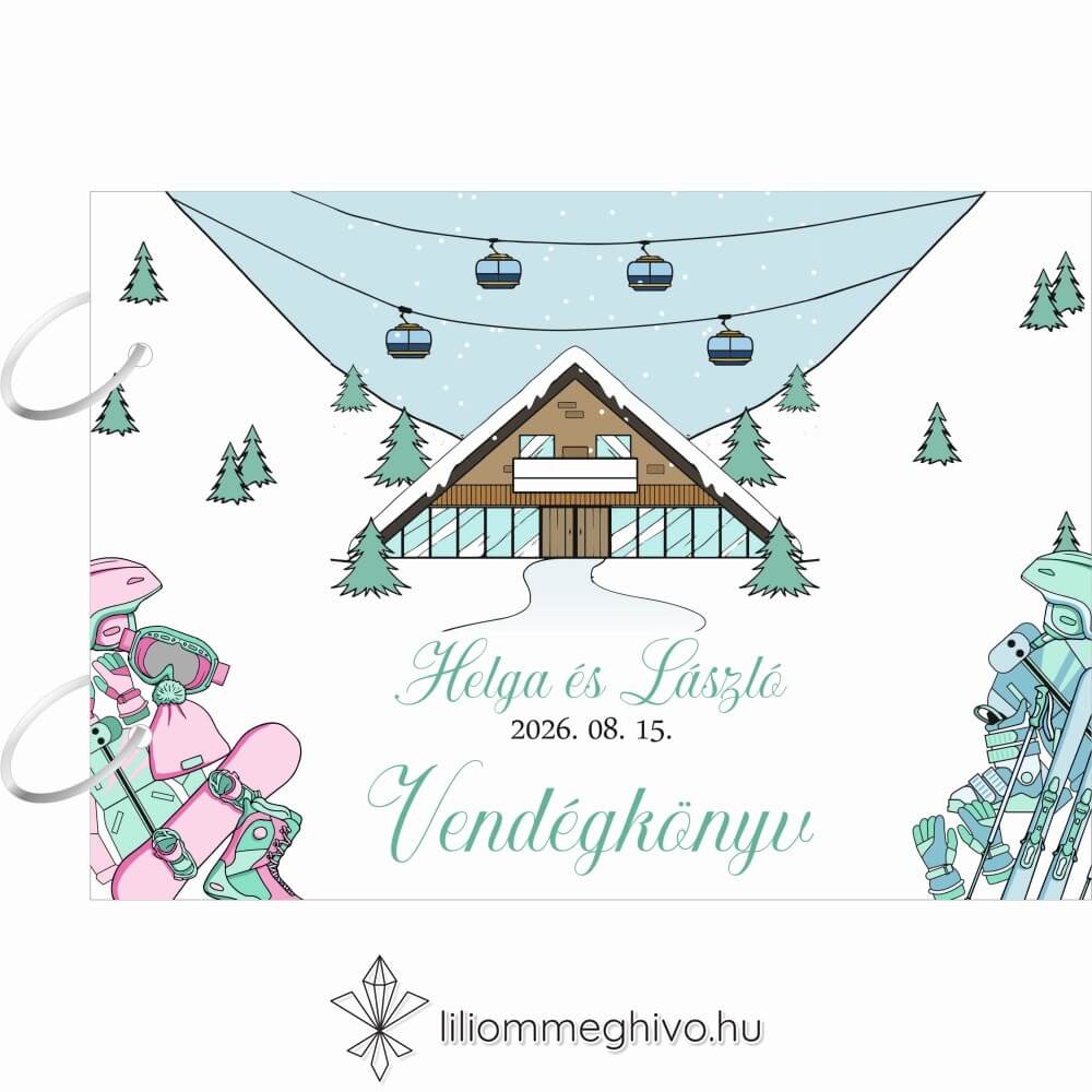 Hütte esküvői vendégkönyv pasztell színek síelős hangulat