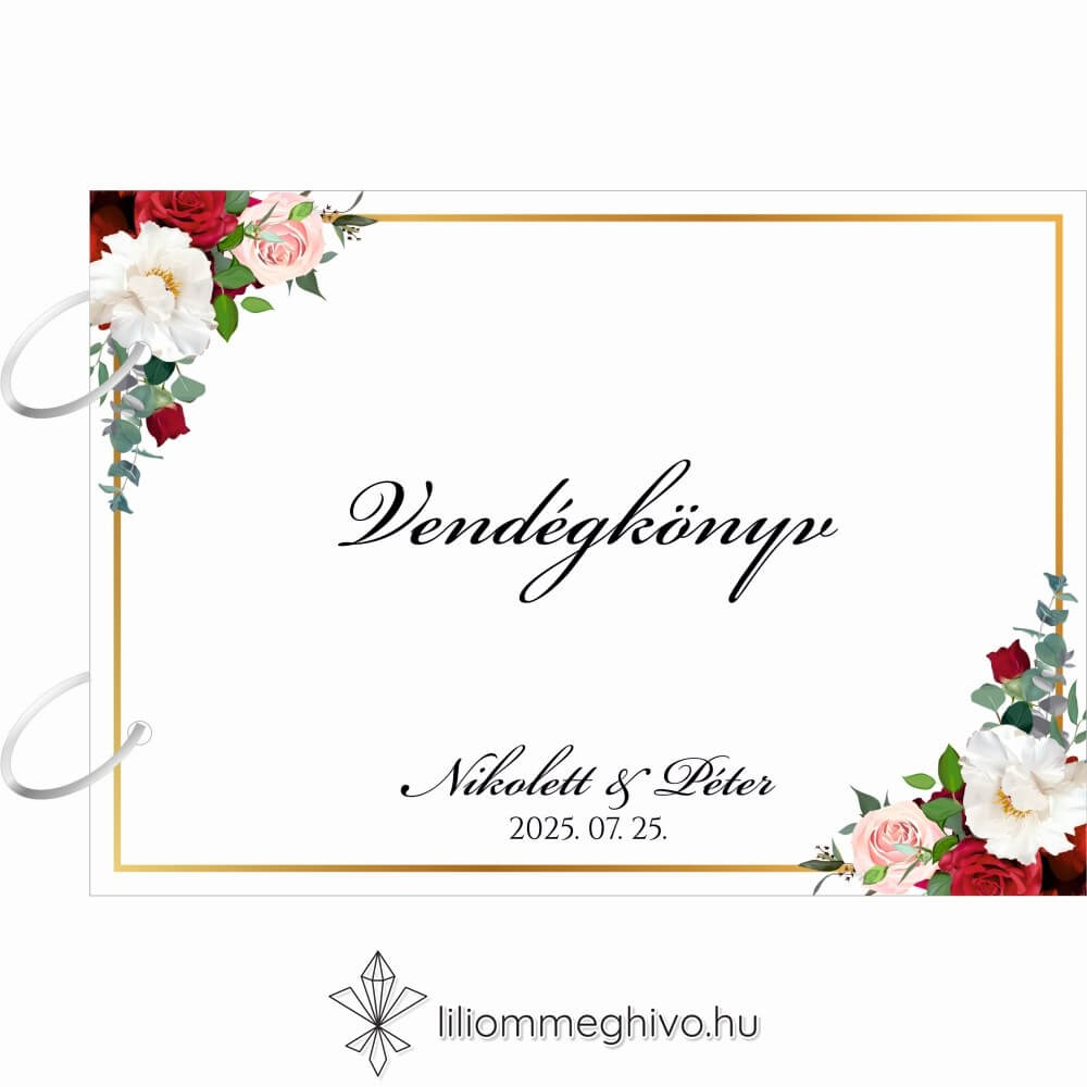 Rózsa esküvői vendégkönyv rózsákkal arany kerettel