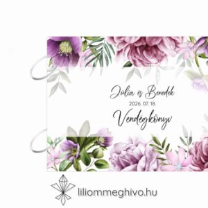 Szellőrózsa esküvői vendégkönyv színes virágkerettel