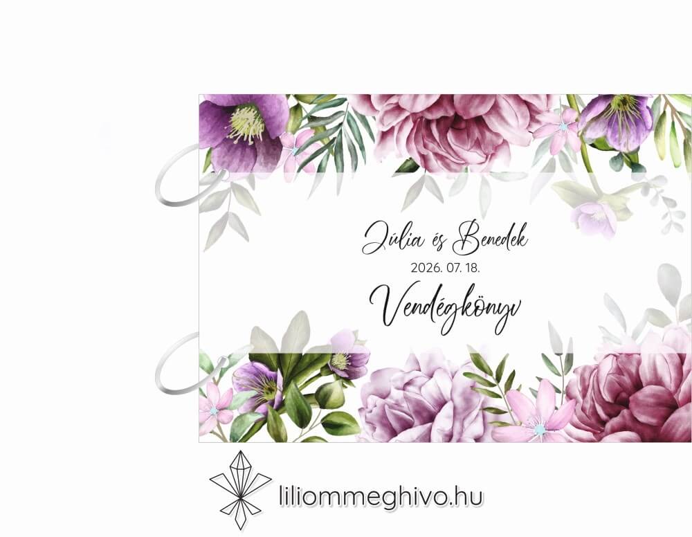 Szellőrózsa esküvői vendégkönyv színes virágkerettel