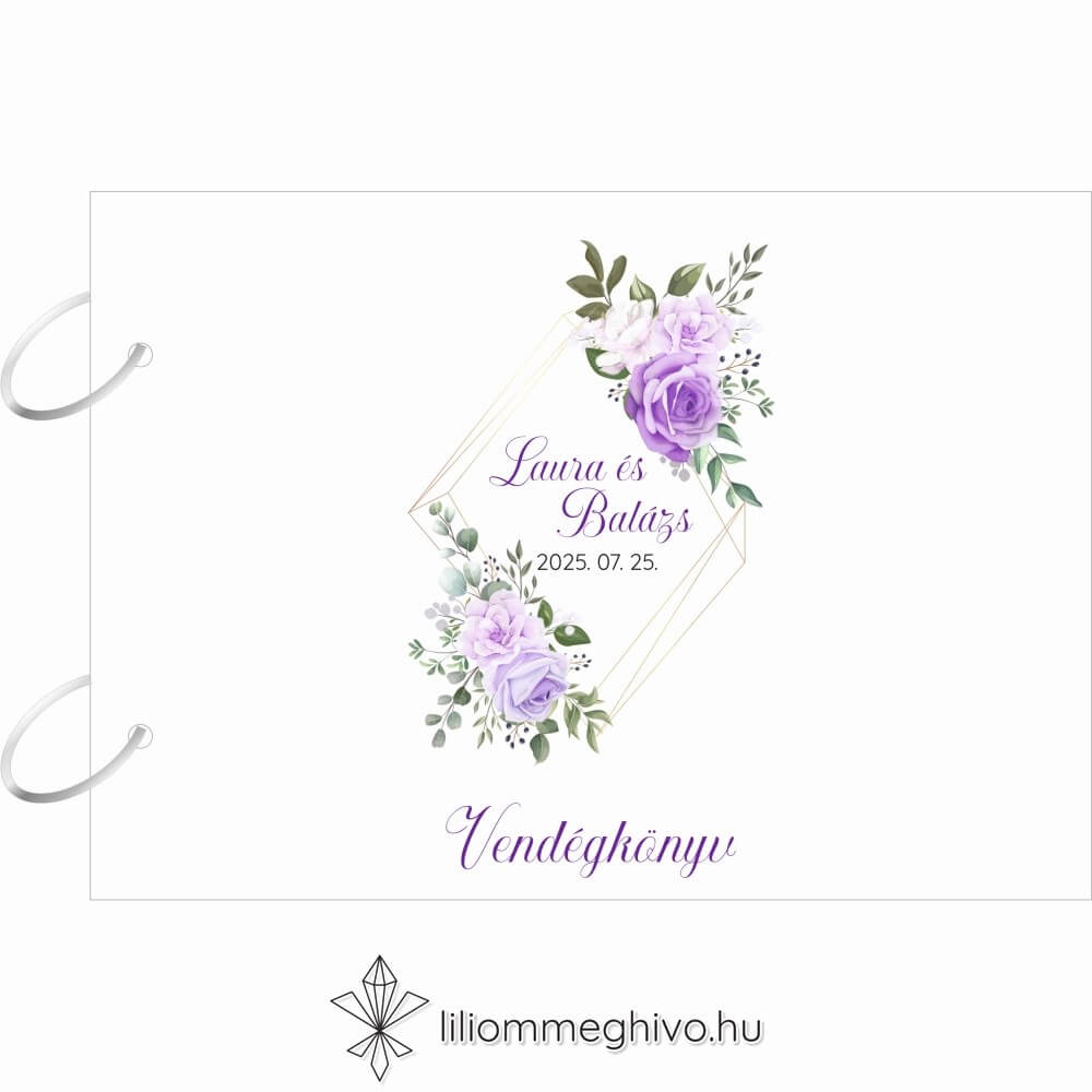 Tavasz esküvői vendégkönyv lila virágokkal