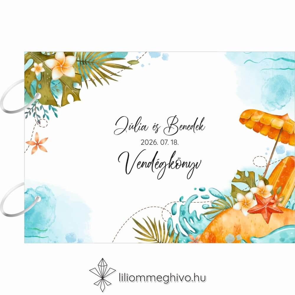 Tunézia esküvői vendégkönyv tengerparti rajzokkal