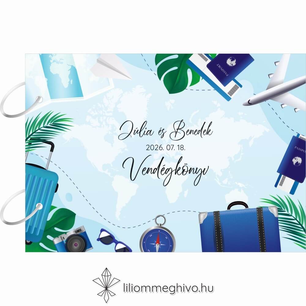 Világjáró esküvői vendégkönyv élénk színek utazásos grafikák