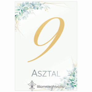 Eukaliptusz esküvői asztalszám arany és greenery grafikával egyoldalas