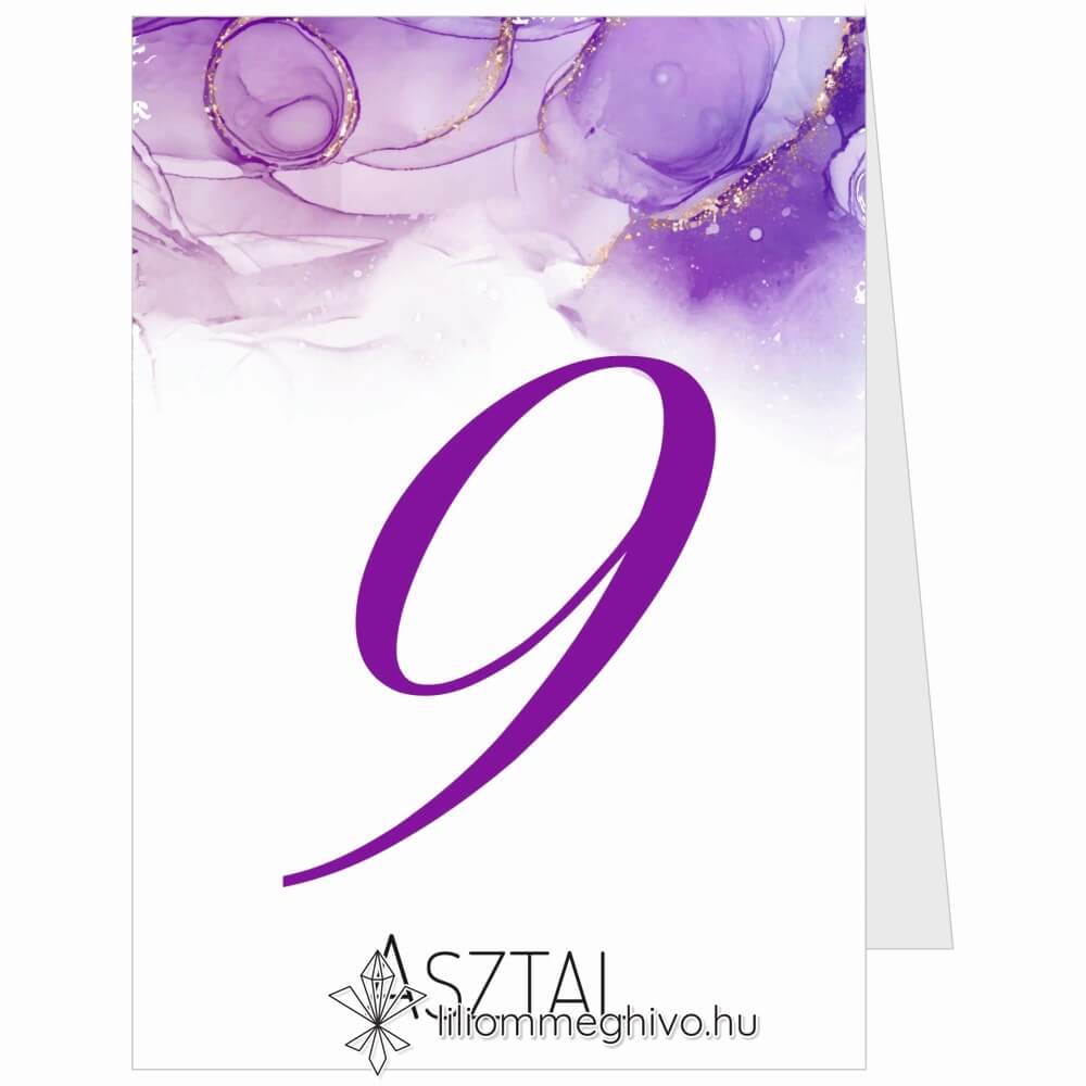 Lila köd esküvői asztalszám lila vízfesték grafikával kétoldalas