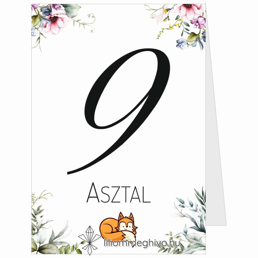 Róka esküvői asztalszám virágos és rókás grafikával kétoldalas