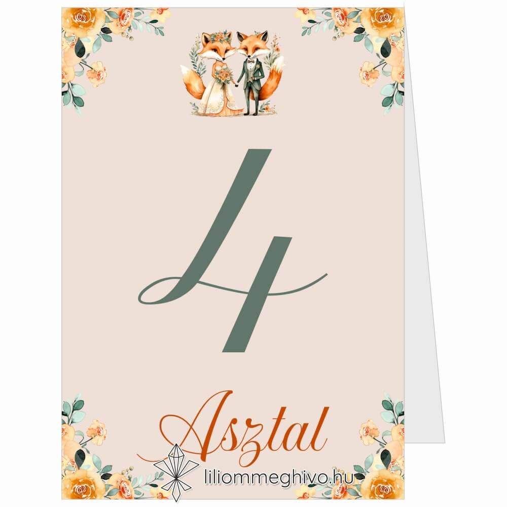 Rókapár esküvői asztalszám festett virágos és rókás grafikával kétoldalas