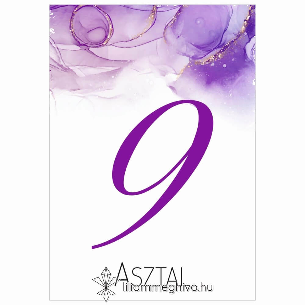 Lila köd esküvői asztalszám lila vízfesték grafikával egyoldalas