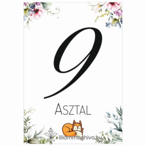 Róka esküvői asztalszám virágos és rókás grafikával egyoldalas