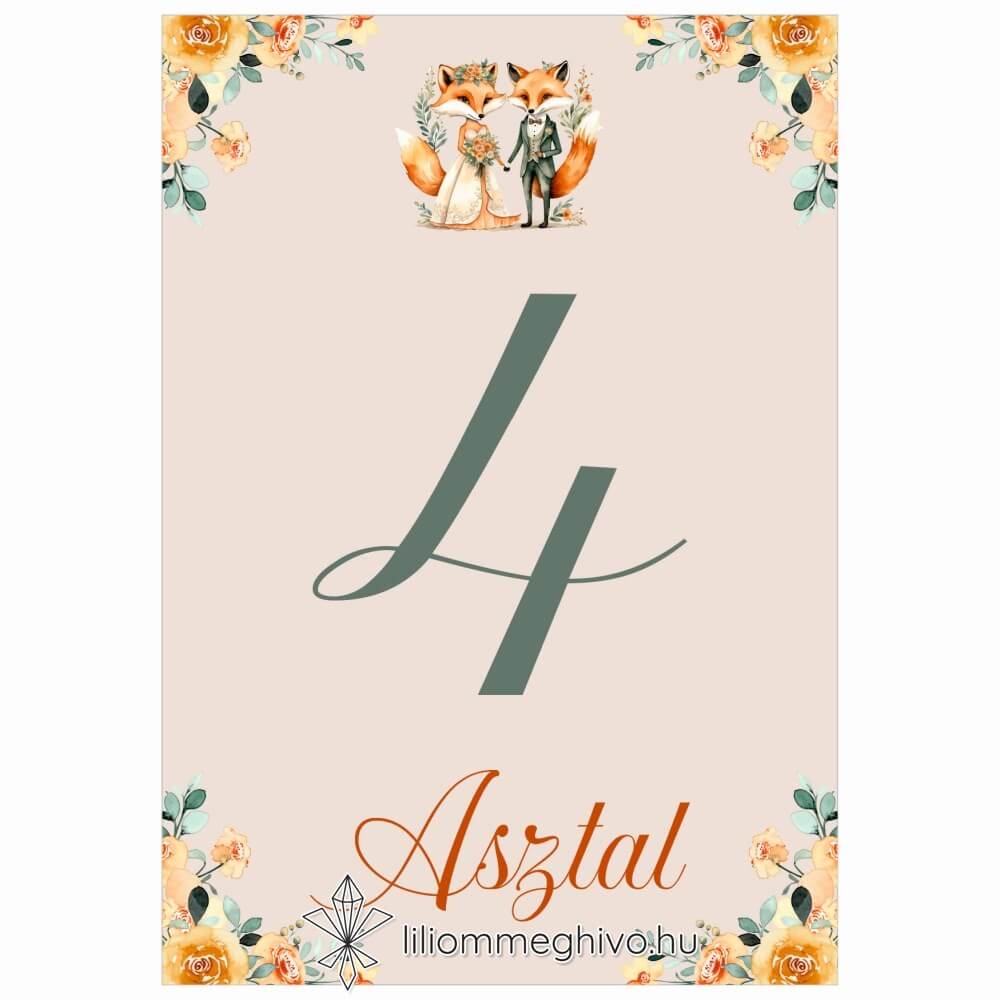 Rókapár esküvői asztalszám festett virágos és rókás grafikával egyoldalas