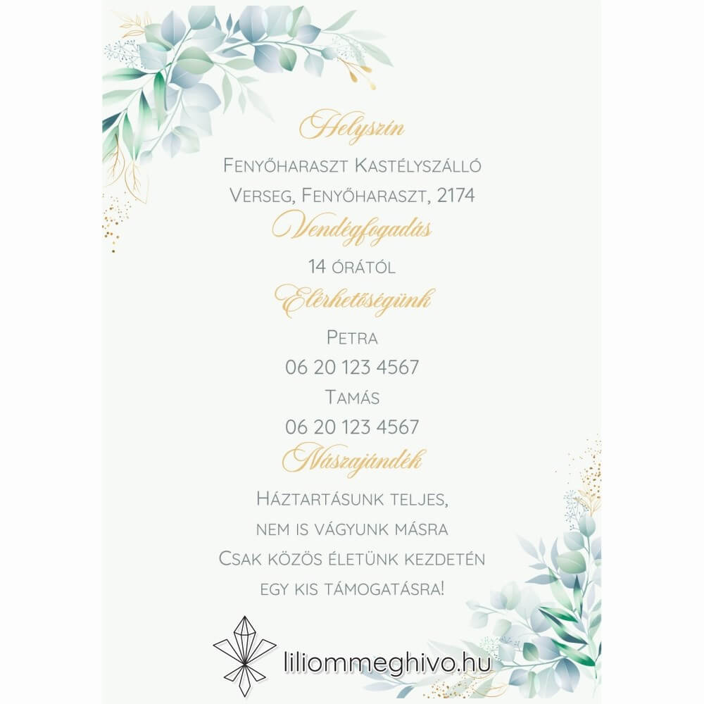 Eukaliptusz esküvői infókártya arany és greenery grafikával