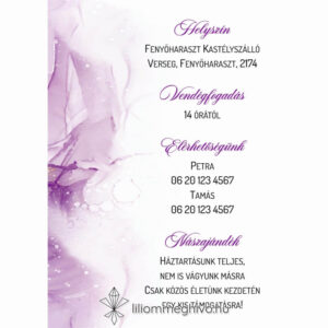 Lila köd esküvői infókártya lila vízfesték grafikával