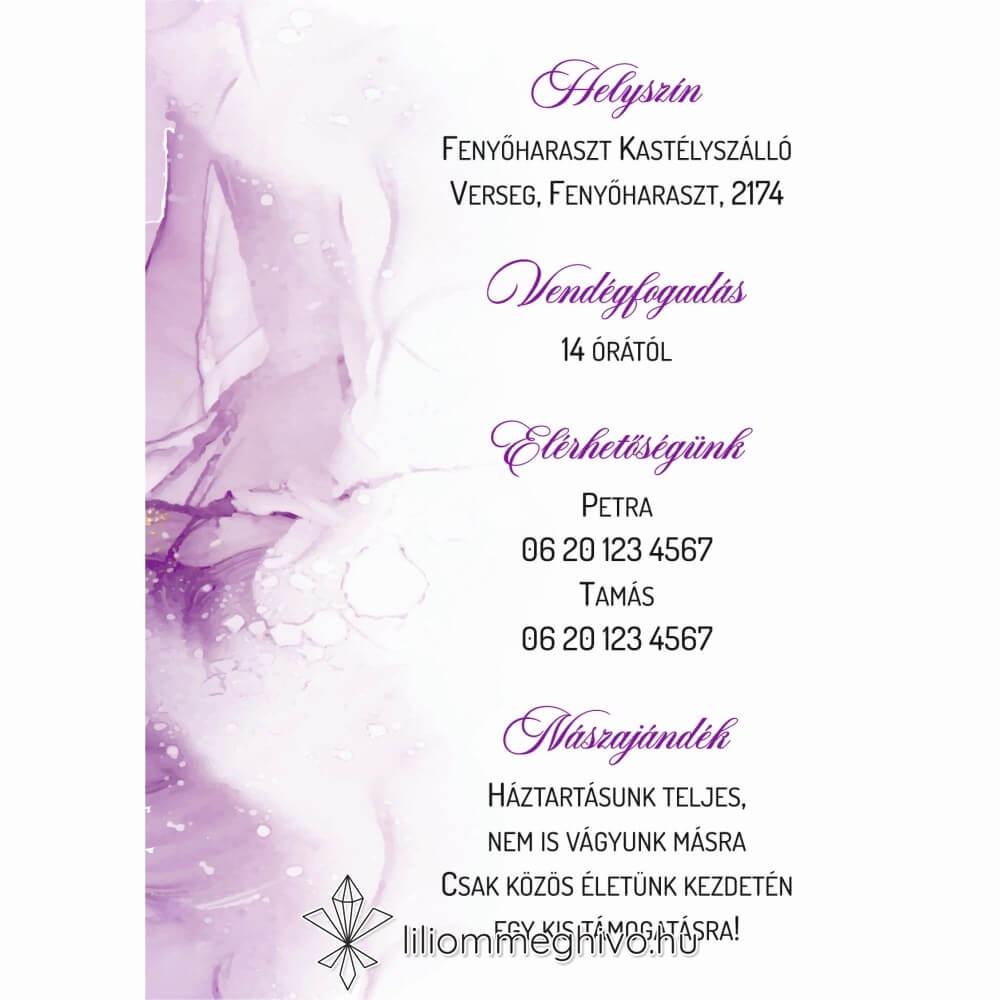 Lila köd esküvői infókártya lila vízfesték grafikával