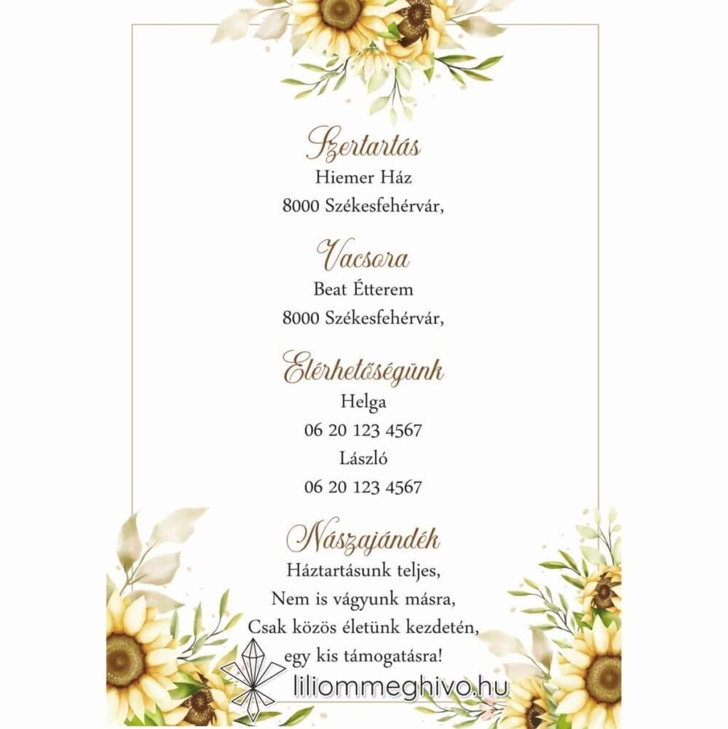 Napraforgó csokor esküvői infókártya sárga virágos grafikával