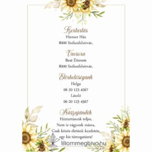 Napraforgó csokor esküvői infókártya sárga virágos grafikával