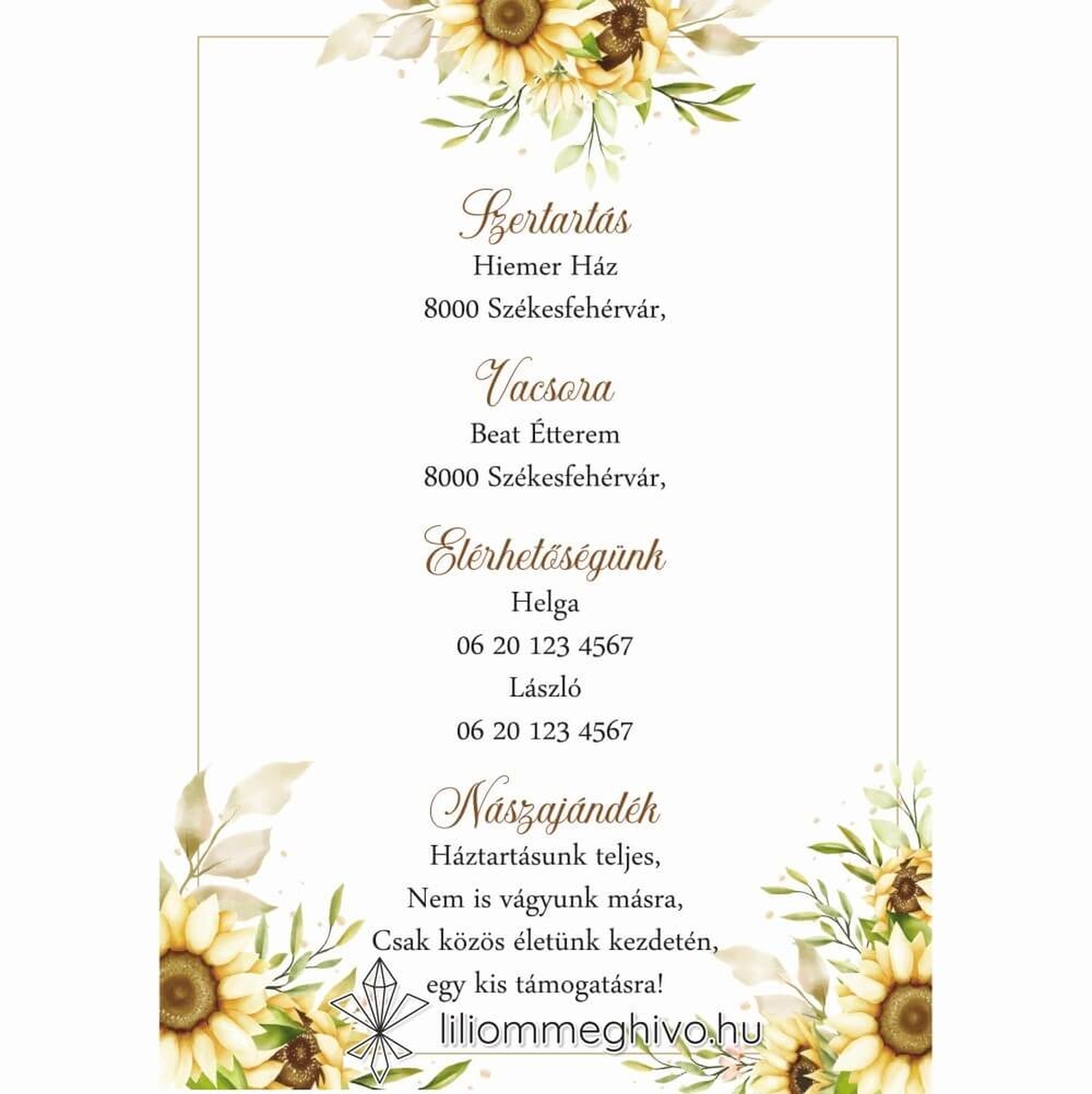 Napraforgó csokor esküvői infókártya sárga virágos grafikával