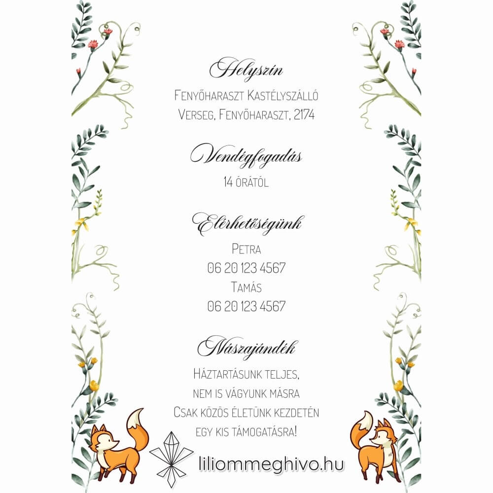 Róka esküvői infókártya virágos és rókás grafikával