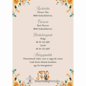 Rókapár esküvői infókártya festett virágos és rókás grafikával