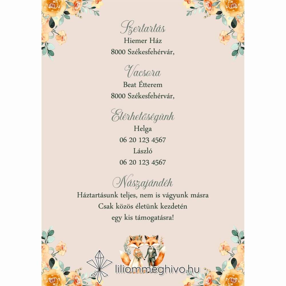 Rókapár esküvői infókártya festett virágos és rókás grafikával