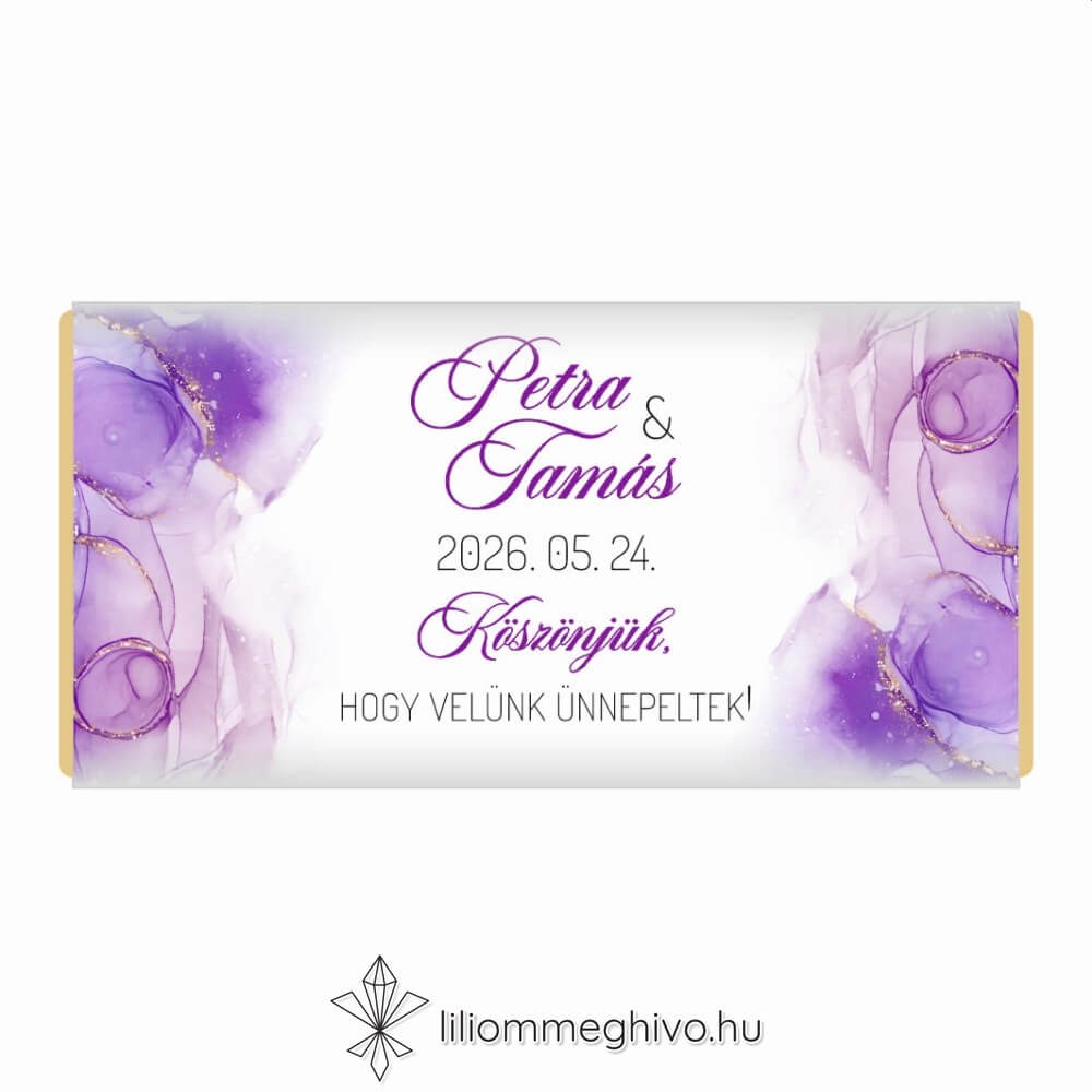 Lila köd esküvői csokoládé vendégajándék lila vízfesték grafikával