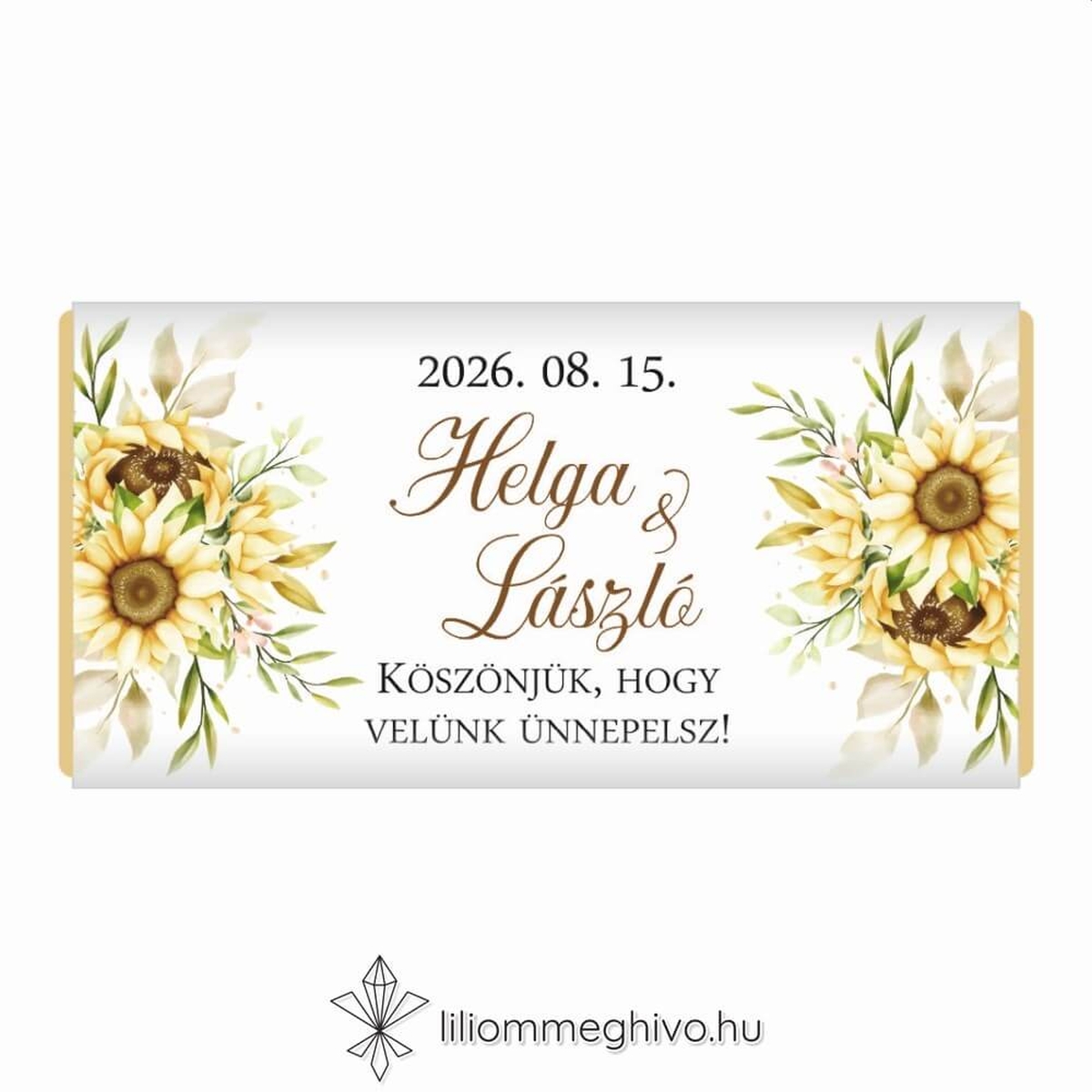 Napraforgó csokor esküvői csokoládé vendégajándék sárga virágos grafikával