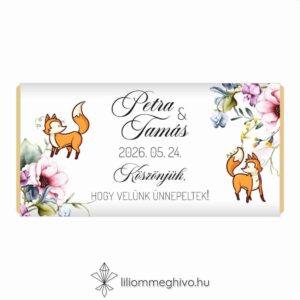 Róka csokoládé köszönetajándék virágos és rókás grafikával